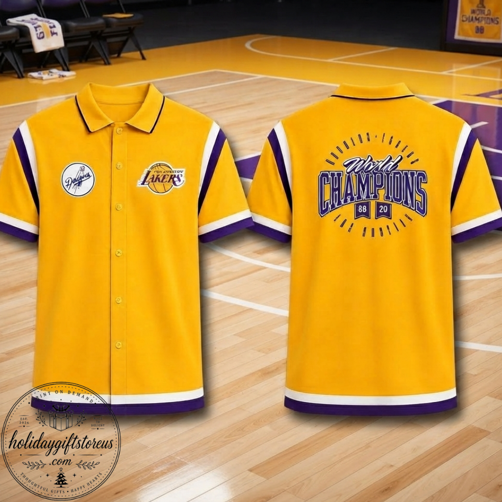 2026 Los Angeles Basketball World Champions Gold Button Down Hawaiian Shirt