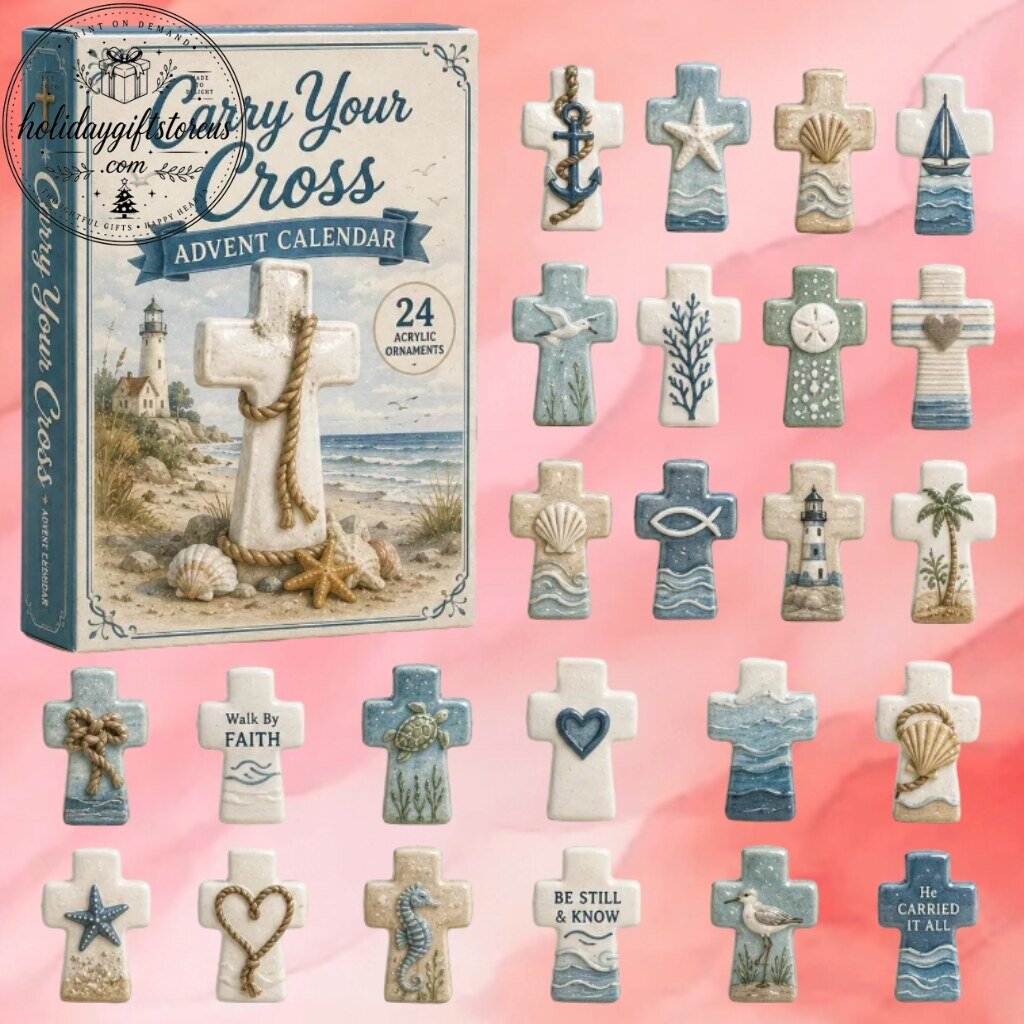 Carry Your Cross Advent Calendar – 24 Coastal Acrylic Cross Ornaments Christmas Countdown Box