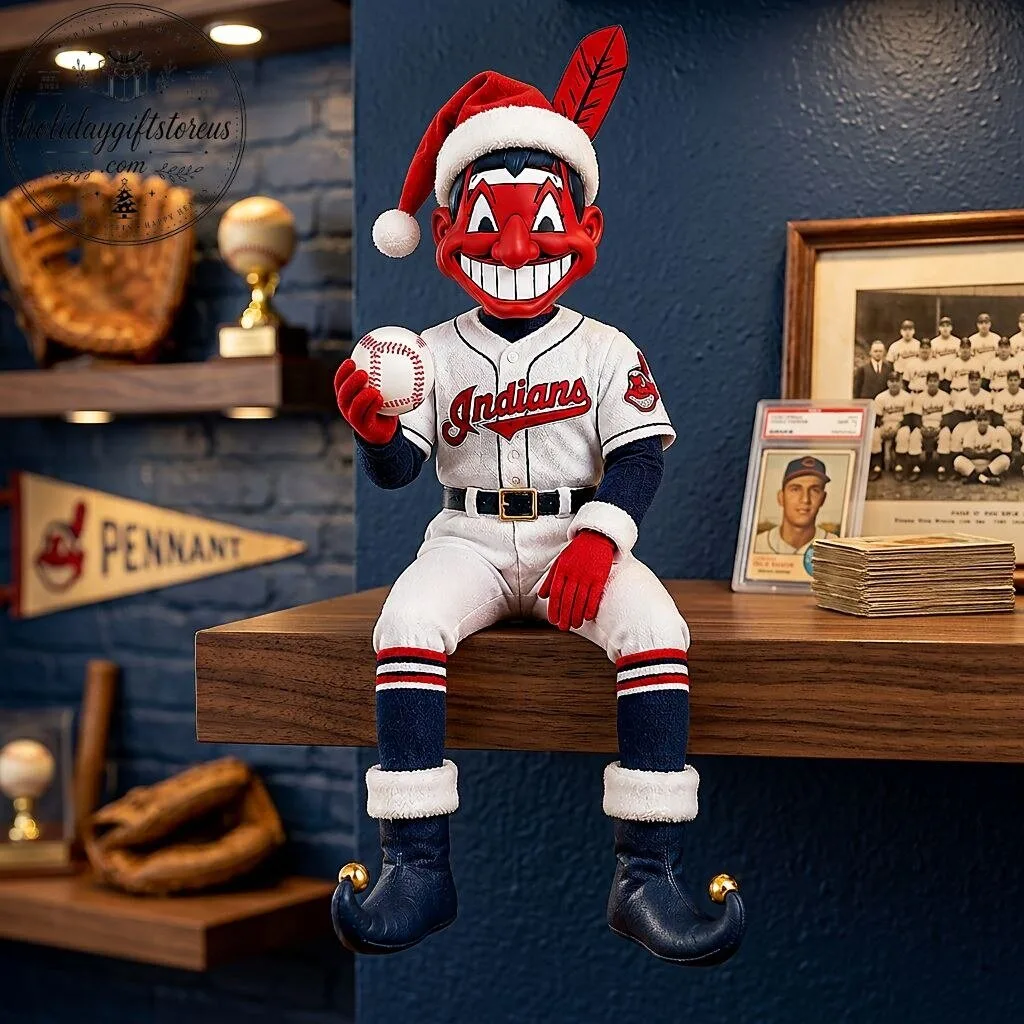 Cleveland Indians Chief Wahoo Christmas Shelf Sitter Figurine - MLB Baseball Santa Hat Statue