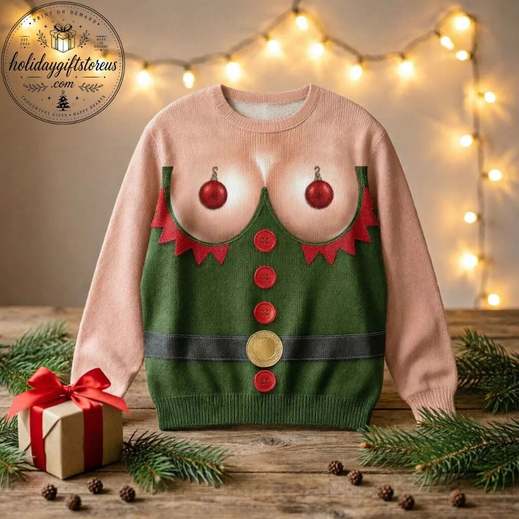 "Top 4 Hilarious Ugly Christmas Sweaters for a Festive Season" 53 Funny Elf Boobs Christmas Sweater - Naughty Ornament Ugly Christmas Sweater