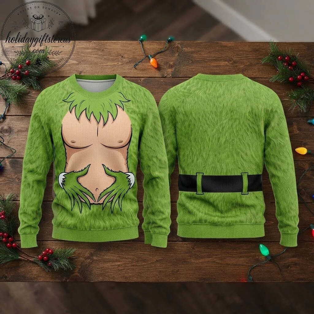 Funny Grinch Chest Ugly Christmas Sweater - Green Furry Monster Holiday Jumper