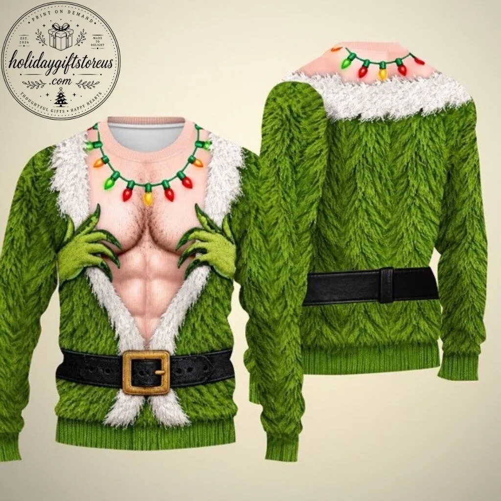 Funny Grinch Hairy Chest Ugly Christmas Sweater - Green Monster Abs Holiday Jumper