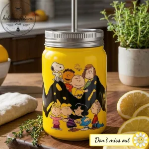 Snoopy and Friends Peanuts Gang Yellow Mason Jar Tumbler 1