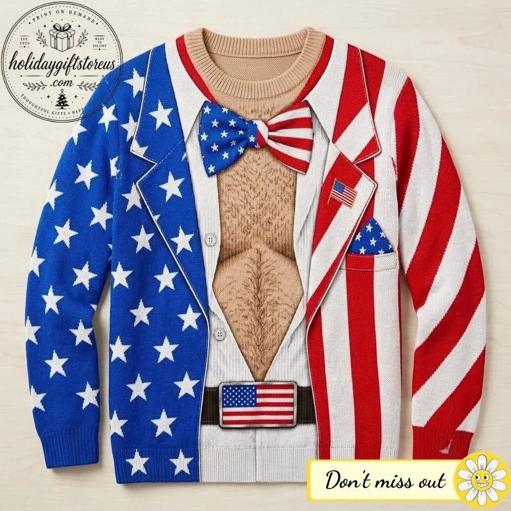 Funny American Flag Hairy Chest Tuxedo Ugly Christmas Sweater – Patriotic Holiday Pullover