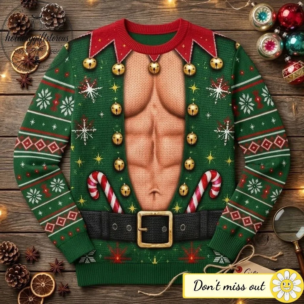 Funny Muscular Chest Elf Ugly Christmas Sweater – Christmas Party Novelty Pullover