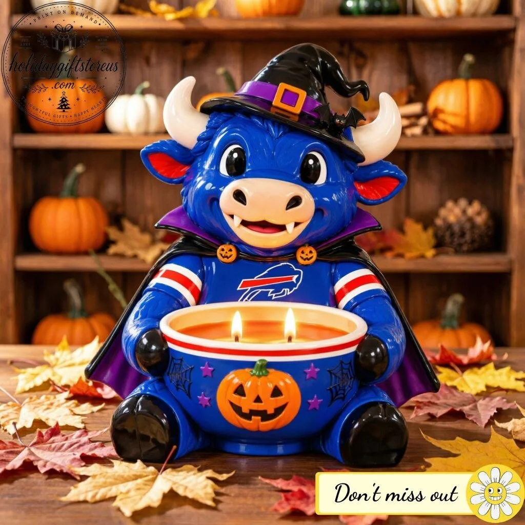 Buffalo Bills Halloween Vampire Mascot Scented Candle Holder – NFL Football Fall Decor Gift