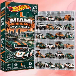 Miami Hurricanes Hot Wheels Advent Calendar 2026 – 24 Days Acrylic Ornament Die-Cast Mini Cars Box