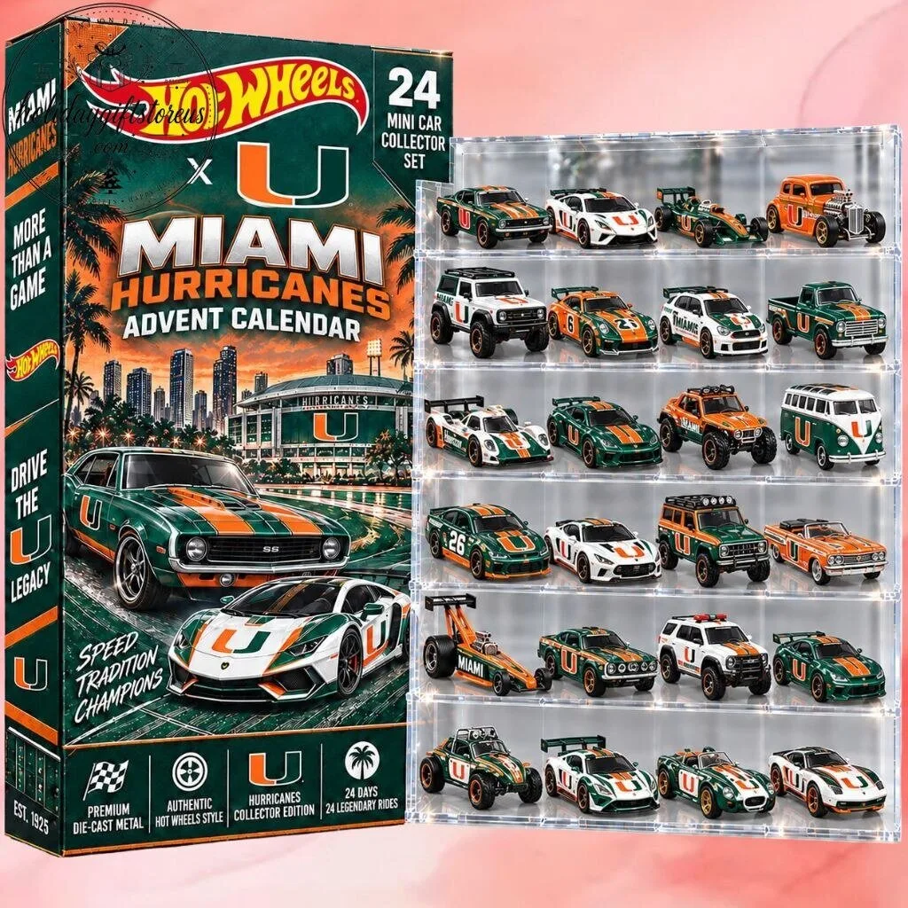 Miami Hurricanes Hot Wheels Advent Calendar 2026 – 24 Days Acrylic Ornament Die-Cast Mini Cars Box