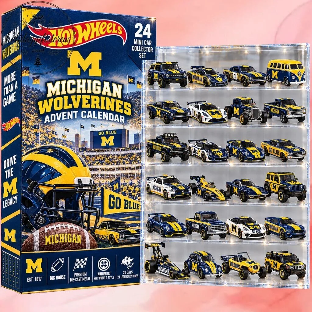 Michigan Wolverines Hot Wheels Advent Calendar 2026 – 24 Days Acrylic Ornament Die-Cast Mini Cars Box