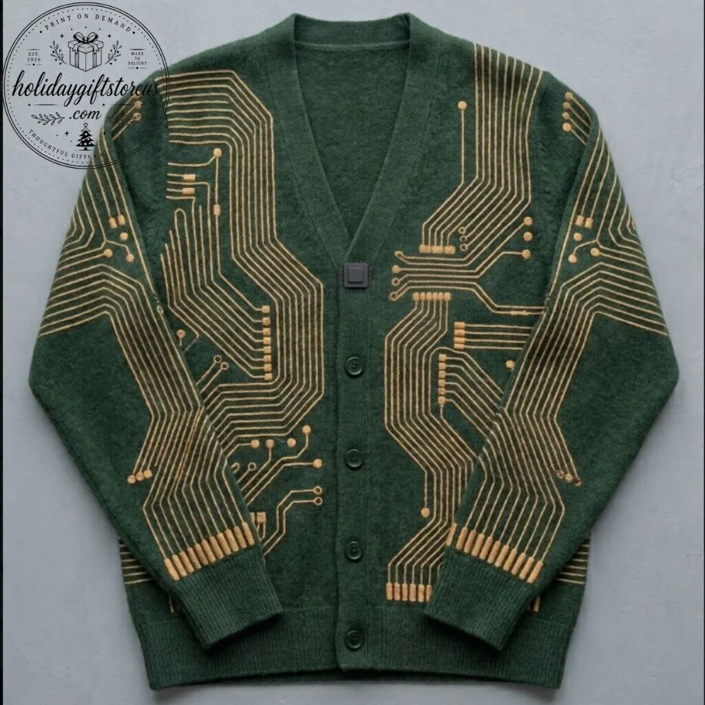 Circuit Board Pattern Green Button Cardigan